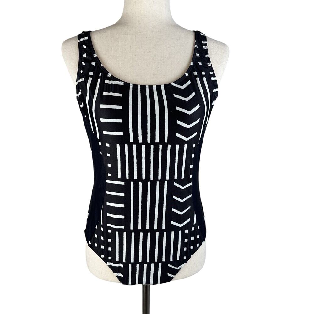 Madewell x Giejo Scoop Neck One Piece Swimsuit Size Large Black White Low Back